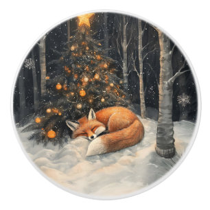 Sleeping Fox Whimsical Rustic Christmas Ceramic Knob