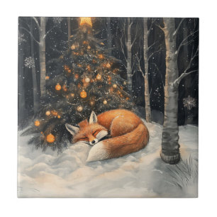 Sleeping Fox Whimsical Rustic Christmas Ceramic Tile