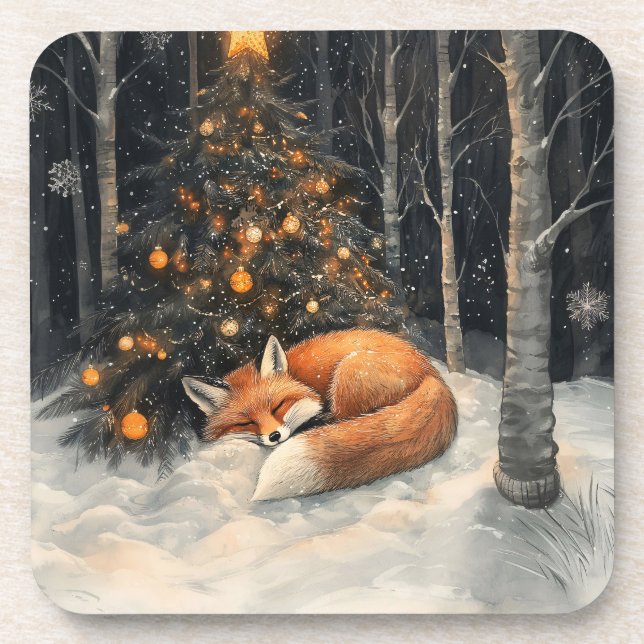 Sleeping Fox Whimsical Rustic Christmas Coaster (Front)