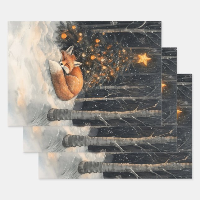 Sleeping Fox Whimsical Rustic Christmas Decoupage Wrapping Paper Sheet (Set)