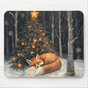 Sleeping Fox Whimsical Rustic Christmas Mouse Pad