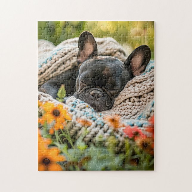 Sleeping Frenchie In Flower Meadow Jigsaw Puzzle (Vertical)