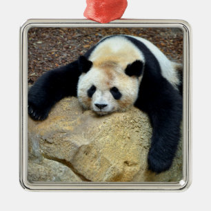 Sleeping giant panda slumped on a rock metal ornament