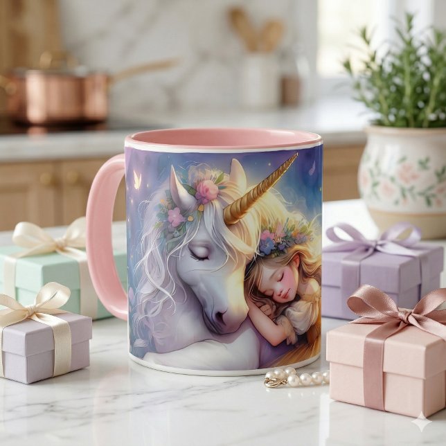 Sleeping Girl Unicorn Dreamscape Coffee Mug (Sleeping Girl Unicorn Dreamscape Coffee Mug On Kitchen Counter With Pastel Wrapped Gifts)
