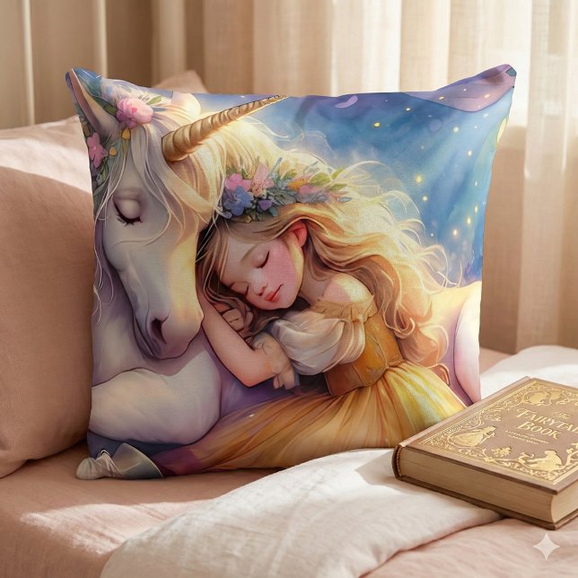 Sleeping Girl Unicorn Dreamscape Cushion (Sleeping Girl Unicorn Dreamscape Throw Pillow Mockup A)