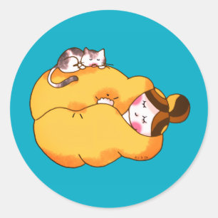 Sleeping Girl with Cosy Cat Classic Round Sticker