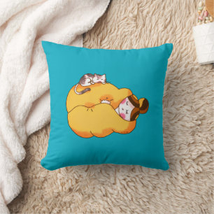 Sleeping Girl with Cozy Cat Cushion