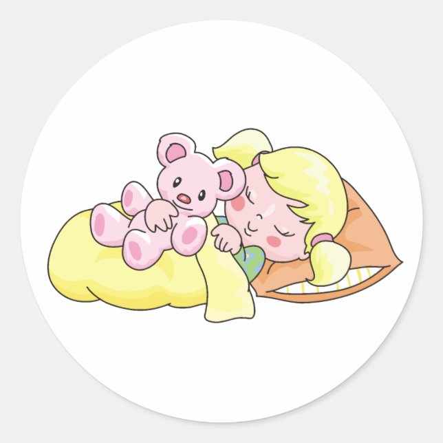 Sleeping Girl with Teddy Bear Classic Round Sticker (Front)