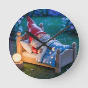 Sleeping Gnome in Nighttime Garden Round Clock