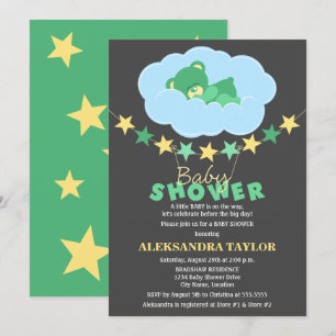 Sleeping Green Teddy Bear in Cloud Baby Shower Invitation