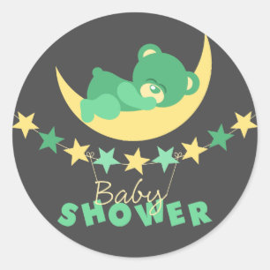 Sleeping Green Teddy Bear On Moon Baby Shower Classic Round Sticker