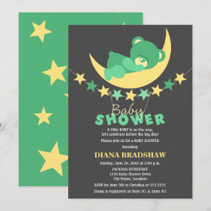 Sleeping Green Teddy Bear On Moon Baby Shower Invitation
