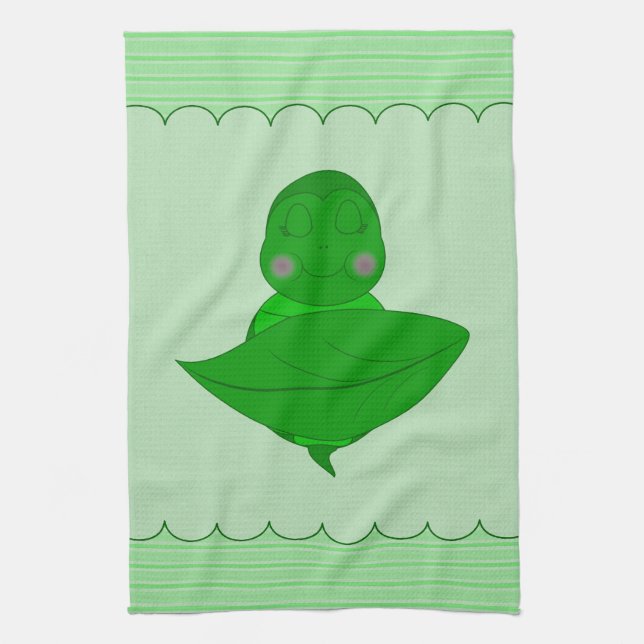 Sleeping Green Turtle Frilly Frame With Stripes Tea Towel (Vertical)