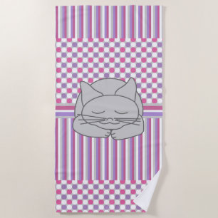 Sleeping Grey Cat Pattern Beach Towel