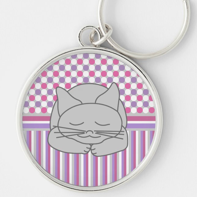 Sleeping Grey Cat Pattern Key Ring (Front)