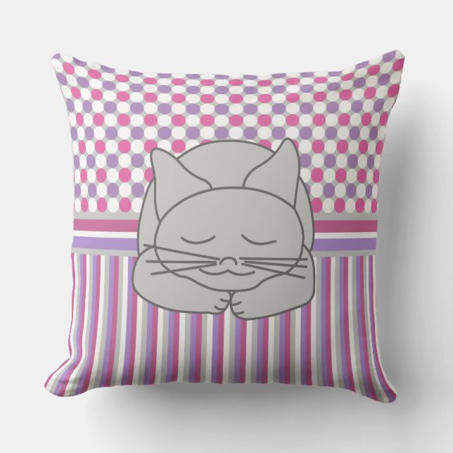 Sleeping Grey Cat Pattern Throw Pillow (Front)