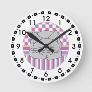 Sleeping Grey Cat Patterned Oval Large Clock