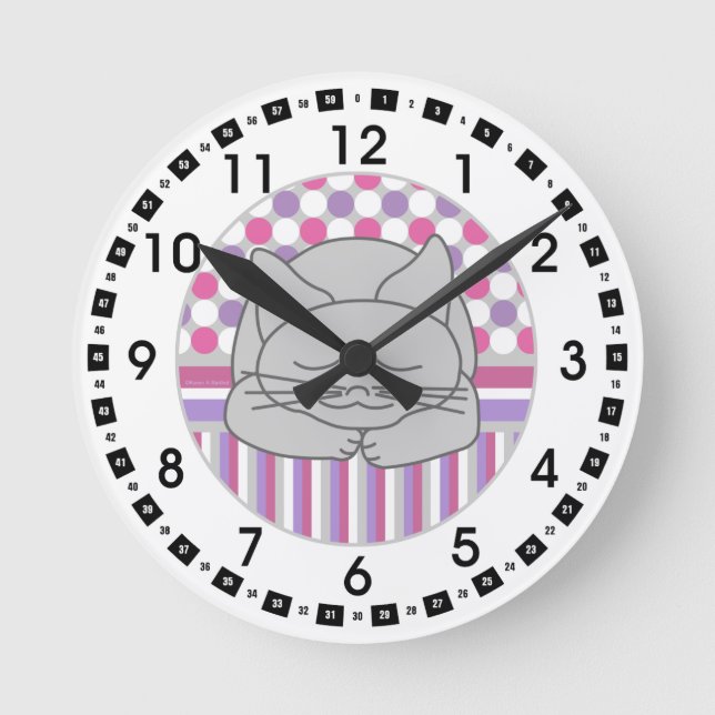 Sleeping Grey Cat Patterned Oval Large Clock (Front)