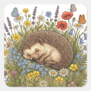 Sleeping Hedgehog in Wildflower Meadow Aesthetic Square Sticker
