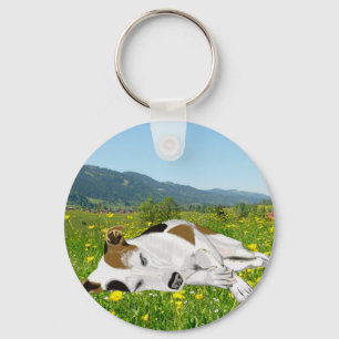 Sleeping Jack Russell in a Flower Meadow  Key Ring