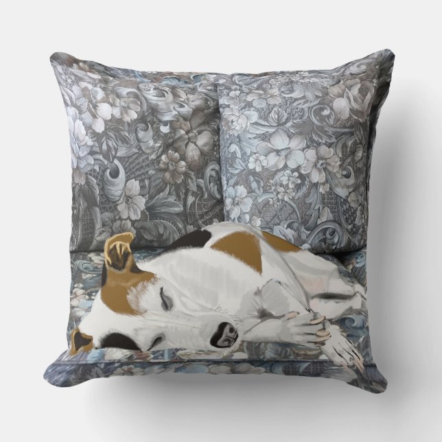 Sleeping Jack Russell on a Blue Floral Sofa Cushion (Front)