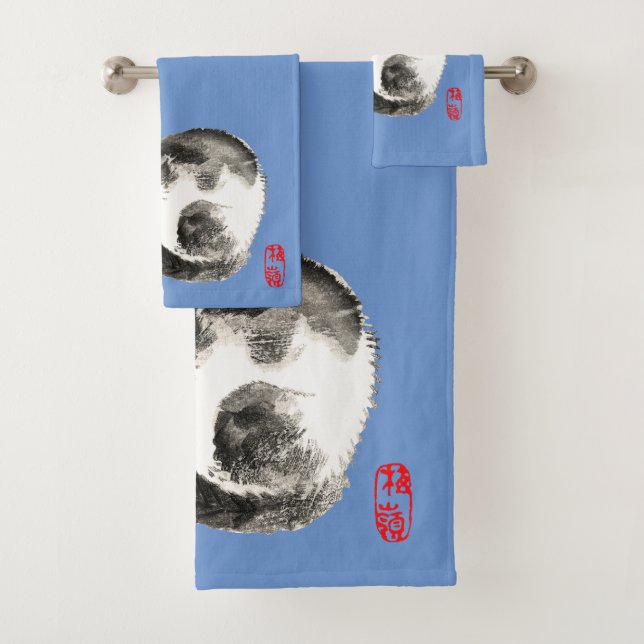 Sleeping Japanese Cat Black and White Bath Towel Set (Insitu)