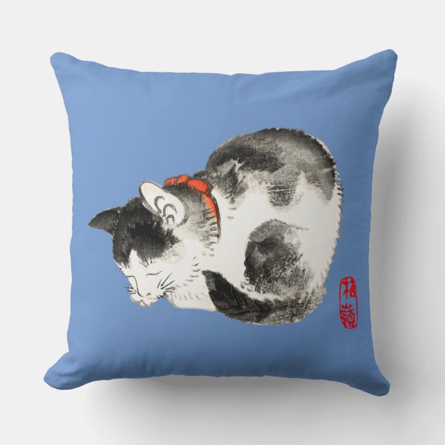 Sleeping Japanese Cat Black and White Cushion (Front)