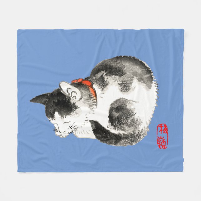 Sleeping Japanese Cat Black and White Fleece Blanket (Front (Horizontal))