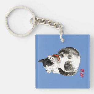 Sleeping Japanese Cat Black and White Key Ring