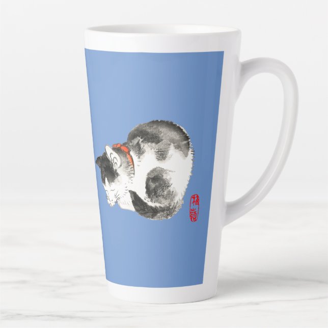 Sleeping Japanese Cat Black and White Latte Mug (Right)