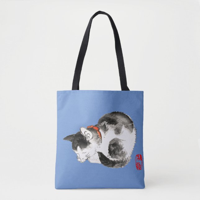 Sleeping Japanese Cat Black and White Tote Bag (Front)