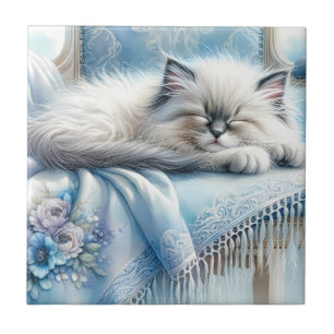 Sleeping Kitten Blue Cottagecore Dream Ceramic Tile