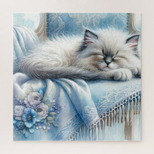 Sleeping Kitten Blue Cottagecore Dream Jigsaw Puzzle