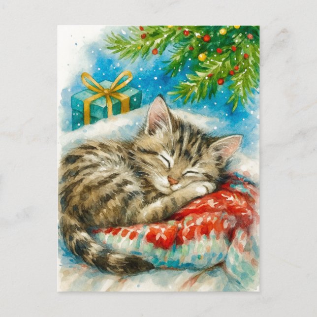 Sleeping Kitten Christmas Tree Holiday Postcard (Front)