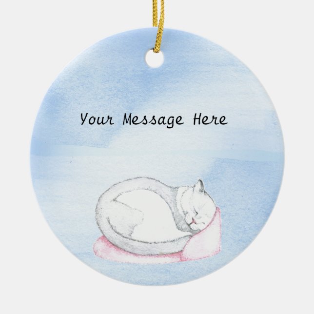 Sleeping Kitten Illustration Ceramic Tree Decoration (Front)