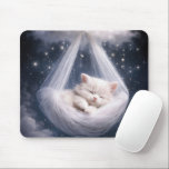 Sleeping Kitten in a Tulle Hammock Mouse Pad<br><div class="desc">A fluffy white kitten peacefully sleeps in a sheer hammock suspended in a starry sky,  surrounded by soft clouds and twinkling stars that create a dreamy atmosphere</div>