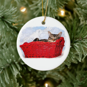 Sleeping Kitten In Bright Red Basket Ceramic Tree Decoration