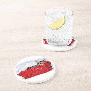 Sleeping Kitten In Bright Red Basket Coaster