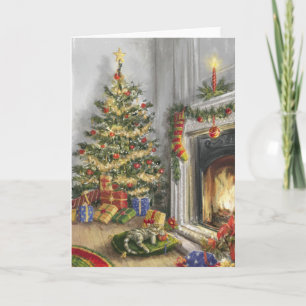 Sleeping Kitty By The christmas Tree Holiday Card