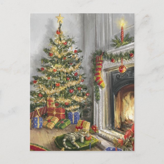 Sleeping Kitty By The christmas Tree Holiday Postcard (Front)