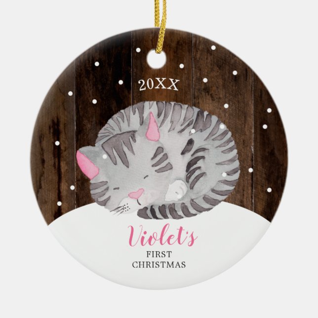 Sleeping Kitty Cat New Baby's First Christmas Date Ceramic Ornament (Front)