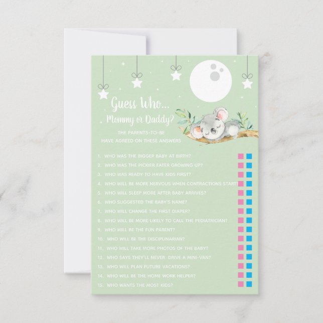 Sleeping Koala Baby Shower Game Guess Who?  Invita Invitation (Front)
