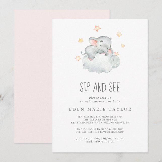 Sleeping Little Elephant Baby Girl Sip and See Invitation (Front/Back)