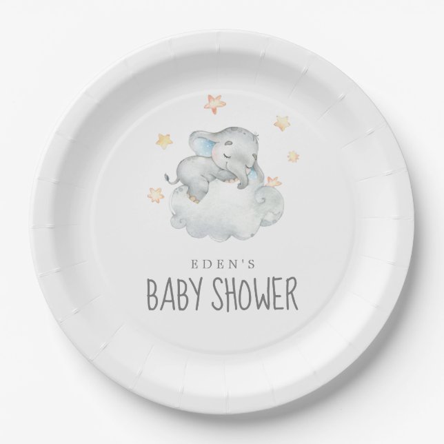 Sleeping Little Elephant Boy Baby Shower Paper Plate (Front)