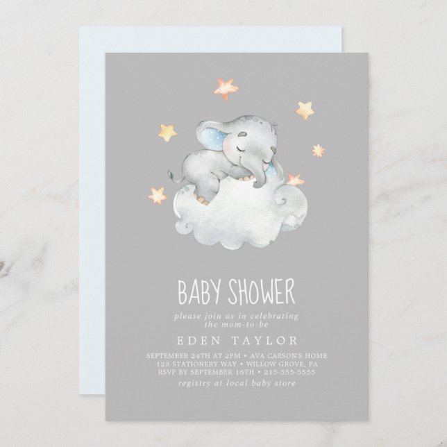 Sleeping Little Elephant Boy | Grey Baby Shower Invitation (Front/Back)
