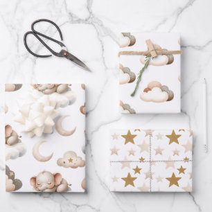 Sleeping Little Elephant, Clouds, Stars Wrapping Paper Sheet