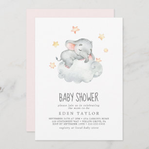 Sleeping Little Elephant Girl Baby Shower Invitation