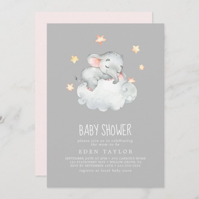 Sleeping Little Elephant Girl | Grey Baby Shower Invitation (Front/Back)
