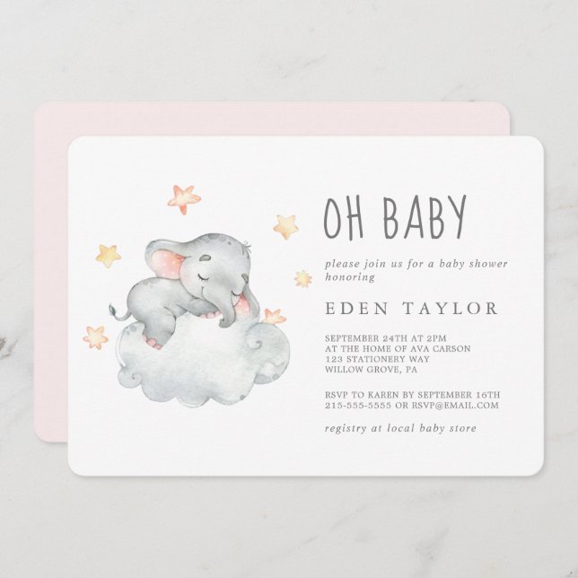 Sleeping Little Elephant Girl Oh Baby Shower Invitation (Front/Back)