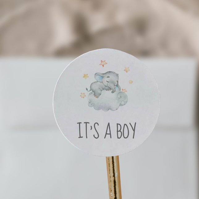 Sleeping Little Elephant It's A Boy Baby Shower Classic Round Sticker (Creator Uploaded)